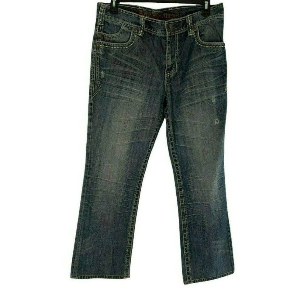 Affliction Archaic Jeans Mens 36x34 Straight Leg Distress Whiskers Pocket Denim